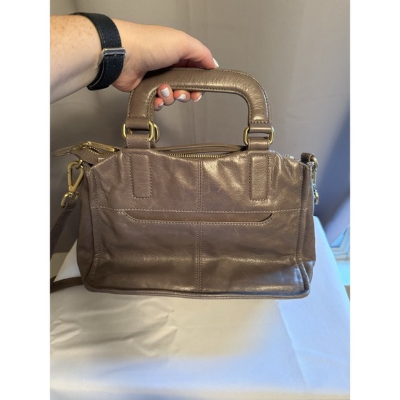 HOBO Purse Crossbody Bag Handbag Gray Leather Brushed Gold Top Handle Satchel - Picture 13 of 13